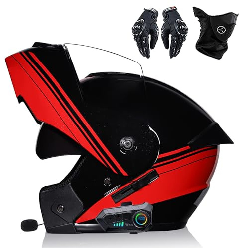Frcychri Bluetooth Casques Modulables Moto, Casque Rabattable, Homologué ECE pour Adulte avec Anti-Buée Double Visière Microphone, avec Gants Et Protection du Visage, pour Hommes Femmes N,2X-Lagre