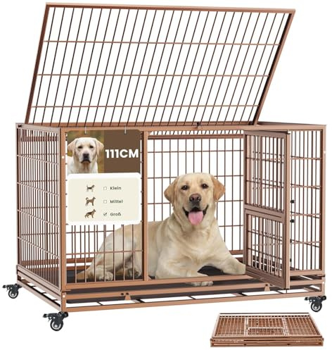 Gardner Pet Hundekäfig faltbar, 110x75x75 cm, Braun | 3 Türen, Für mittelgroße Hunde mit Höhenangst, Feststellbare Räder, Herausnehmbare Bodenschale, Transportkäfig