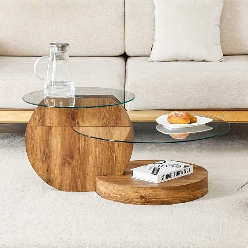 JUFU Couchtisch rund 2er Set Glas, Wohnzimmertisch mit Stauraum modern, Kaffeetisch mit Oberfläche aus Hartglas und MDF Gestell in Marmoroptik (Braun)