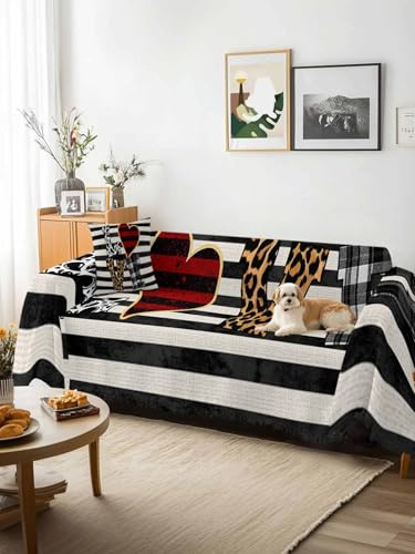 Valentine's Day Sofa Cover Blanket Couch Covers for Armchair Cushion,Couch Sofa Silpcover with Tassel,Love Heart Black Striped Farmhouse Living Room Bedroom Throw Towel Blanket Covers XX-L 71x150