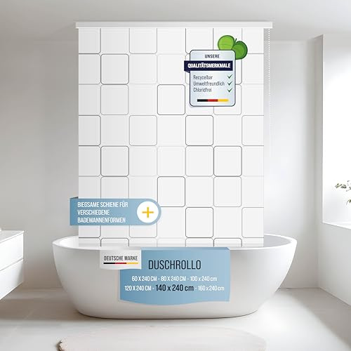 Rapid Teck Halb-Kassetten Duschrollo 140 cm x 240 cm in verschiedenen Designs - Duschvorhang mit Seilzug – moderner Badewannenvorhang – platzsparendes Duschvorhang Rollo