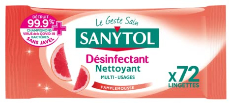 Sanytol - Lingettes Désinfectantes Multi-Usages - Pamplemousse et Citronnelle - x72 - Bactéricide, Virucide, Fongicide - Sans Javel, Fabrication Française, 100% Fibres d’Origine Végétale