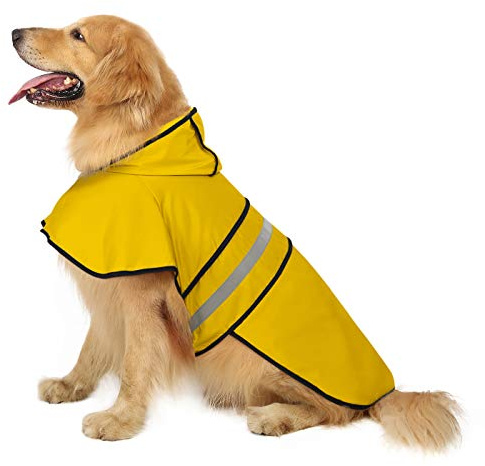 HDE Dog Raincoat Jacket Reflective Adjustable Hooded Pet Poncho Rain Coat with Leash Hole for Small to X-Large Dogs Yellow - XL