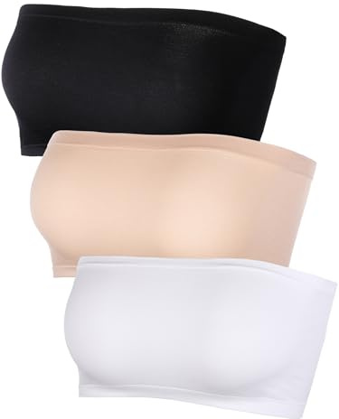 HESTYA 3 Pcs Women Bandeau Bra, XX-Large, Black, White, Skin Tone