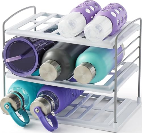 YouCopia UpSpace Adjustable Water Bottle Organiser for Kitchen Cupboard and Pantry Storage, Tumblers and Wine Bottle Holder, 3-Shelf, White