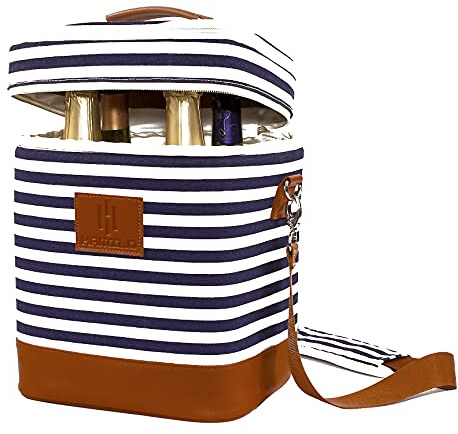HAMILO 4 Bottle Wine Carrier - Stripe, Champagne Carrier Bag, Waterproof Wine Tote Bag with Expandable Zipper and Padded Shoulder, Insulated Wine Bag, Wine Cooler Bag, Wine Accessories Gift for Women