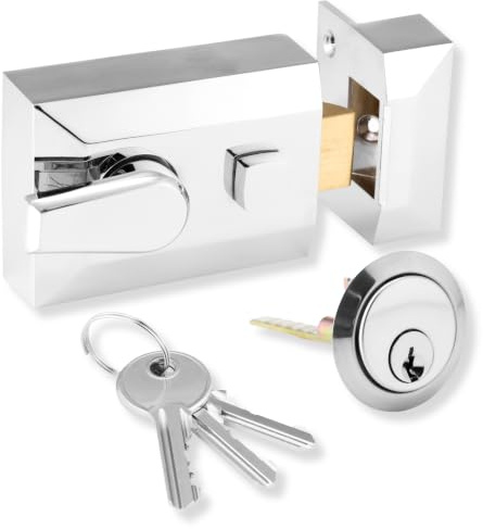 XFORT® Standard Deadlocking Night Latch 60mm, Complete with Rim Cylinder and 3 Keys, Elegant Polished Chrome Nightlatch, External Door Lock for Front Door, High Security for Your Home or Workplace