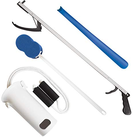 Rehabilitation Advantage 4 Piece Economy Hip or Knee Replacement Recovery Kit. Package Includes a 32-inch Reacher Grabber, Sock Aid, 17-Inch Plastic Shoehorn and 21 Inch Bath Sponge.