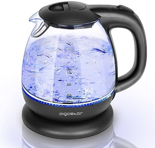 Aigostar Elfin - Hervidor agua electrico 1 litro, 2200W hervidor de agua pequeño, iluminación LED, Vidrio de borosilicato, Rápida ebullición, Libre de BPA, Negro, Portátil para el hogar o viajes