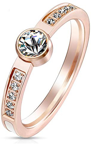 Paula & Fritz® Ring Damen Rose-Gold klare Zirkonia Perlmutt-Inlay 316L Chirurgenstahl Größe 57 (18,1) Damenring Herrenring Partnerring Ehering Bandring