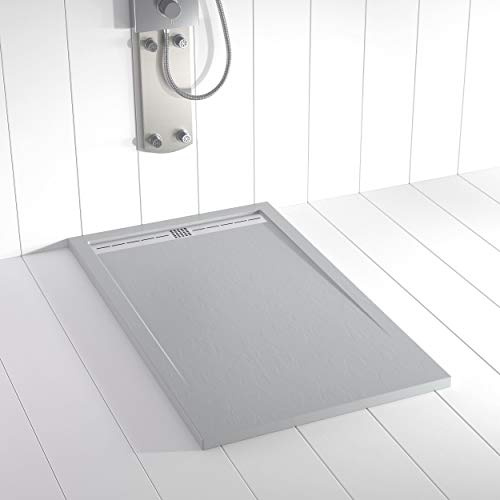 Plato de ducha resina FLOW desagüe lineal frontal color Gris Cemento 80x70 textura pizarra antideslizante rejilla inox con válvula