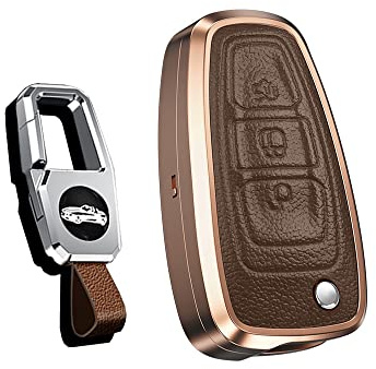 HIBEYO Schlüsselhülle Hülle passt für Ford Leder Schutzhülle Autoschlüssel Hülle für Ford Focus Fiesta Kuga Mondeo Grand C-Max S-Max Kuga Galaxy Klappschlüssel Key Cover Case Etui-Braun