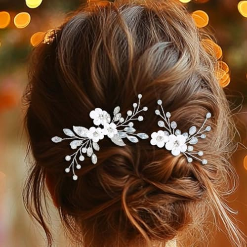 Unicra Haarnadeln für Braut, Hochzeit, Silber, Strasssteine, Perlenblatt, Braut-Kopfbedeckung für Frauen und Brautjungfern (2 Stück)