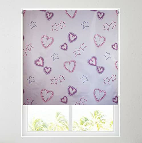 Barnes Blinds - Children's Blackout Roller Blinds for Windows, Custom Cut to Size - Black Out Thermal Fabric Durable Fittings Easy Fit - Roller Blind Patterned - Kids (Pink Hearts & Stars 122cm)