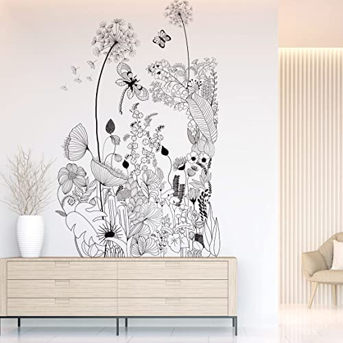 Runtoo Stickers Muraux Fleurs Noires Autocollant Mural Pissenlit Lotus Floral Deco Stickers Salon Chambre Enfants Bébé Décoration