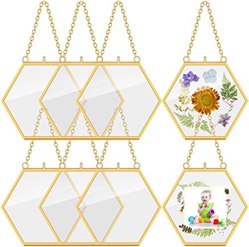 Marsui 8 Pcs Pressed Flower Frames 4 x 3 Inch Hanging Glass Floating Photo Frames Glass for Pressed Flowers Double Picture for Artwork Display Photo Modern Home Wall Decor(Gold)