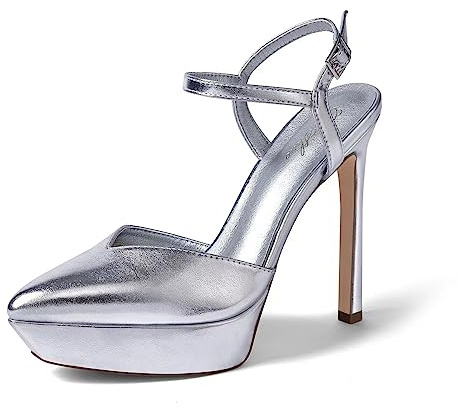 GENSHUO Damplatåpumps 12 cm/4,72 tum stilett klackar rempump sexig spets höga klackar med ankelremmar stängda högklackade skor för fest bal, Silver B, 39 EU