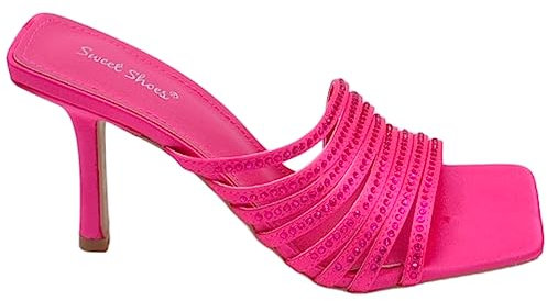 Sandalo Gioiello Donna Fucsia Tacco Sottile 8cm in Raso Fasce Sottili Oblique con Strass Cerimonia Evento Open Toe (37 EU)