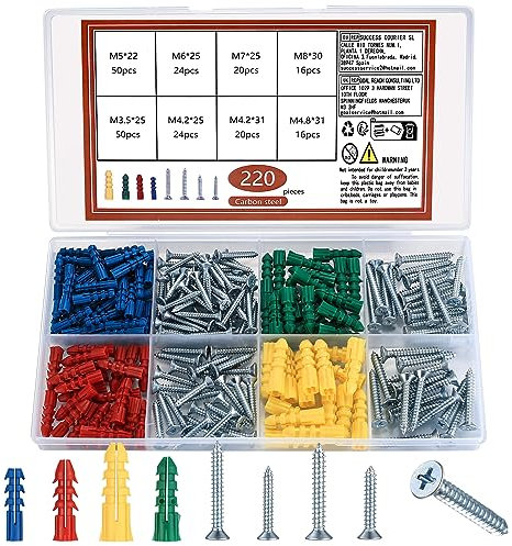 314 à tête plate Plate Vis et Chevilles Set, Chevilles Universelles avec Vis à Autoperceuses, Chevilles Expansion en Plastique avec Vis à Bois pour Creuses Cloison Sèche, Béton, Plaques de Plâtre