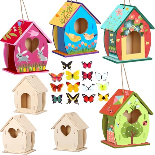 Outus 12 Pcs Wooden Birdhouse Craft Kits to Build, 4 Shapes Wooden Unfinished Bird House with Butterfly Sticker for and Arts Crafts Bulk Painting Kits(Lovely Style,3.6×4 Inch)