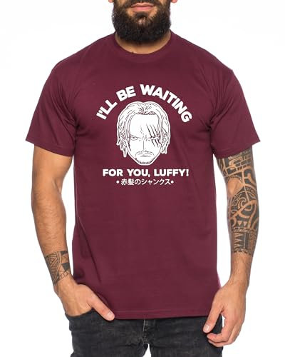 Shanks Waiting - Herren T-Shirt Straw Hat Luffy Zoro One Monkey D. Pirat Ace Piece Goku Anime Ruffy, Größe:M, Farbe:Weinrot