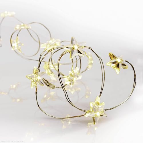 hellum LED Lichterkette Batterie mit Sternen (3xAA), 40 LED, innen, Timer | Lichterkette innen klein, warmweiße LED mit Kupferkabel, beleuchtet 1,95m, für Weihnachten, Geschenk, Christbaum 525052