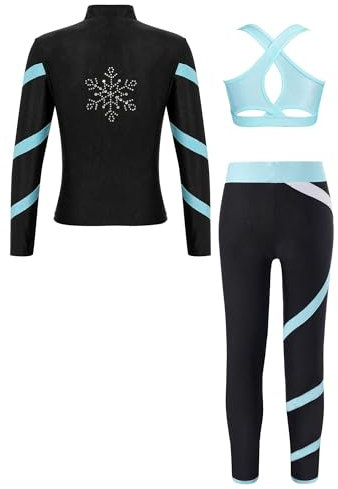 iiniim Kinder Mädchen Eiskunstlauf Anzug Langarm Sweatjacke Sweatshirt + Sport BH Tops + Hose Leggings Trainingsanzug Sport Set Eislaufen Tanzkleidung Hellblau 146-152