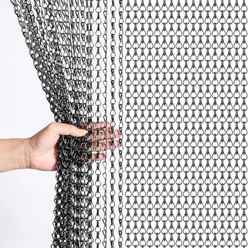 Gluwoer Aluminium Chain Curtain 100x210cm Fly Screens for Doors (Black) | Metal Door Fly Screens Insect Control Curtain for Doorways, Air Flow, Ideal for Patios & Kitchens.