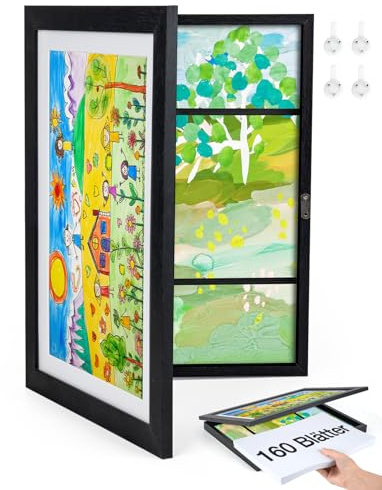 Joyshare Kinder-Bilderrahmen A4 Schwarz Einzelstück 24×33×3 cm | MDF-Holzwechselrahmen zum Austauschen von Kinderzeichnungen