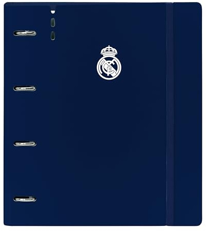 Real Madrid 1ª attrezzatura 24/25 - Carpeblock con 4 anelli da 35 mm, con ricambio, con 100 fogli A4, ideale per bambini di diverse età, comodo e versatile, 27 x 4 x 32 cm, bianco/grigio,