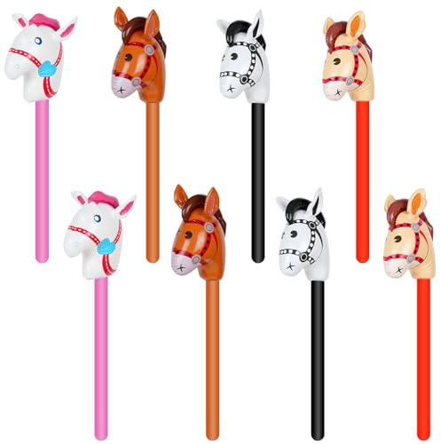 8 Pcs Inflatable Stick Horse 37 Inch Cute Horse Head Stick Toy Pony Stick Blow Up Horse Balloons Hobby Horse Stick for Cowboy Cowgirl Birthday Pool Party Supplies