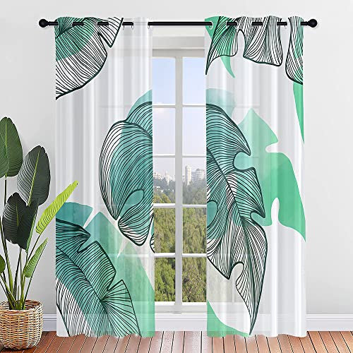 Hixingo 2 Pannelli Tende per Interni, Tende Camera da Letto con Occhielli, Stampa Piante Tropicali Semitrasparenti Tenda Cucina, per Soggiorno Finestra (107x160cm,Monstera Deliziosa)