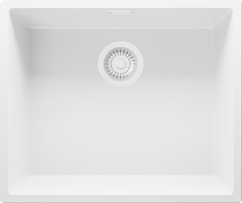 PRIMAGRAN Evier Sous Plan Tout Blanc 56x47cm, Evier en Granit 1 bac + Robinet 32x20cm + Kit de Vidage, Évier al mueble 60cm - London S179
