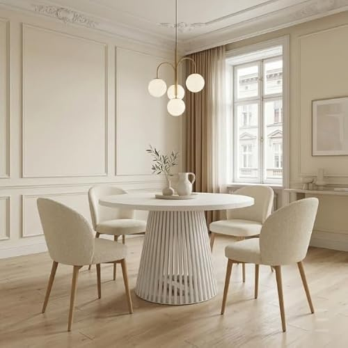 Dekori Möbel Runder Ausziehbarer Tisch für Esszimmer, Dover - Industrial/Loft Still mit Lamellenbeine, Durchmesser Varianten : von 90 bis 220 cm (Weiß, 100/150)