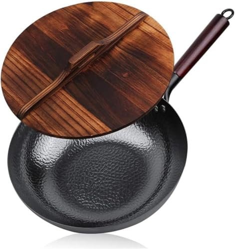 CHFYIJYHM Wok, wok e padelle in acciaio al carbonio con coperchio, per stufe elettriche a gas, fondo piatto, 30 cm