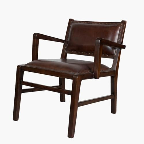 Antyki24 Kolonialer Ledersessel Armstrong mit Holzrahmen – Vintage Design Armlehnenstuhl Leder Retro Stuhl für Esszimmer, Wohnzimmer, Büro, Empfang – Braun Massivholz Hochwertig