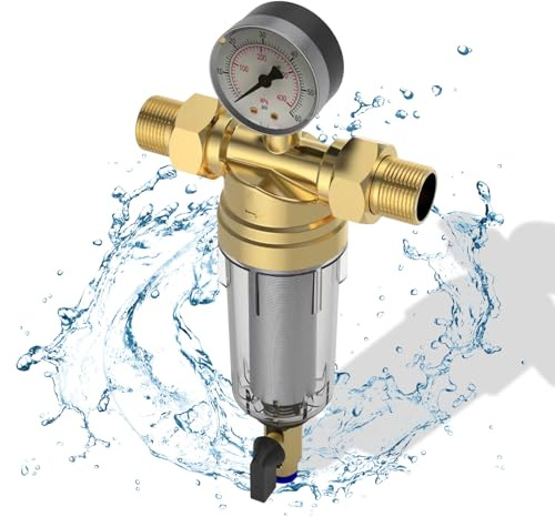 Mechanischer Rückspülfilter, Filterfeinheit 40 μm, Wasserfilter mit Manometer und selbstreinigendem Siebfilter, Filteroberteil aus Messing, Verhindert das Einspülen von Fremdkörpern (1)