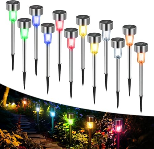 Paquete de 12 Luces Solares Jardín LED, Sin Cables Lámpara de Camino de Exterior Jardín, Acero Inoxidable Impermeable IP44, Lamparas Solares para Patio, Césped, Terraza, Entrada(Luz Colorida)