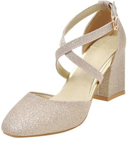 HSyc JRX Zapatos de tacón alto para mujer con correa en el tobillo y tacón de bloque de 7 cm, dorado, 36.5 EU