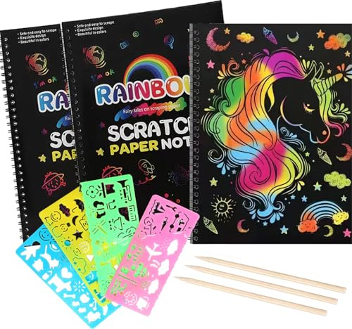 Toulideifaria Scratch Art for Kids Rainbow Scratch Art Paper Notebook, 10.35 x7.48 inches, 3 Pack, Black, with 4 Templates for Boys Girls Drawing Activities Arts and Crafts Ages 4-12