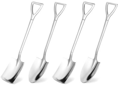 Lyreh Lot de 4 Cuillères à Dessert en Acier Inoxydable, Cuillères en Forme de Pelle pour Glaces Café Pâtisserie Fête Mini Ustensiles Dessert Argentés pour Maison le Restaurant et un Usage Quotidien