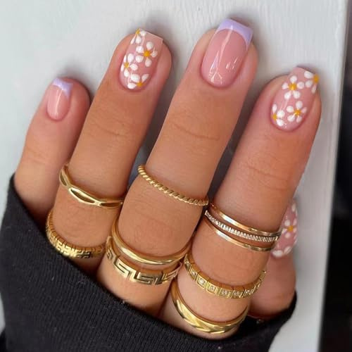 24Pcs French Tip False Nails - Short Square Stick on Nails with Glue - Acrylic French Purple Tip Press on Nails with Flower - Full Cover Summer Glue-on Fake nails for Women Girls Nail Art
