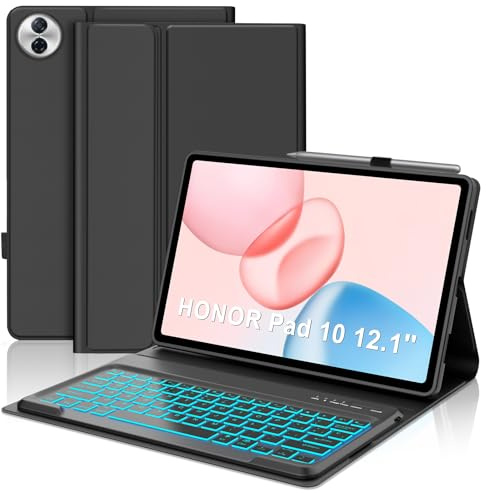 IVEOPPE Teclado para Honor Pad 10 12.1 Pulgadas, Teclado Funda Keyboard Retroiluminado de 7 Colores Español Ñ Desmontable Bluetooth para Honor Pad 10 12.1 2025, Negro