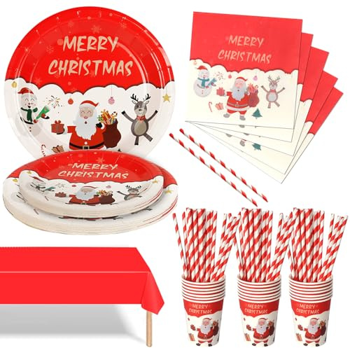 Nkaiso Vaisselle de Fête de Noël, 101 pièces Assiette Carton Jetable Fournitures Set - Assiette en Papier, Verres, Serviettes, Pailles et Nappe Convient pour la Décoration Fête Noël, Pour 20 Invités