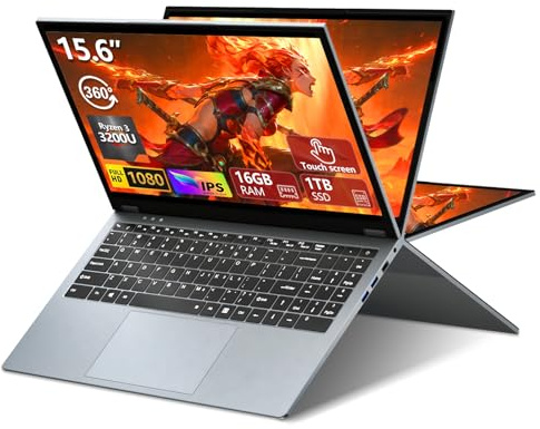 2 en 1 Écran Tactile Ordinateur Portable, Ryzen R3-3200U(jusqu'à 3,5 GHz)15,6 Pouces Win11 Jeu Laptop 16Go RAM 1To SSD 360° Rotation FHD IPS PC Portable TypeC RJ45 Clavier Rétroéclairé WIFI 5 HDMI