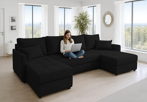 AXLIVING Canapé d'angle Grand Dolceo 287 cm - Canapé Noir avec Fonction Couchage & ottomana
