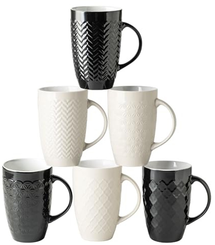 AmorArc Large Coffee Mugs Set of 6, 20oz Ceramic Tall Coffee Mugs Set with Textured Geometric Patterns for Coffee/Tea/Beer/Hot Cocoa, Dishwasher & Microwave Safe, Black&Beige