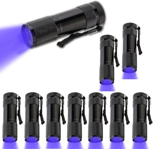POCKETMAN Lot de 10 mini lampes de poche ultra violettes à 9 LED - Lampe de poche UV LED - 395 nm - Détecteur d'urine et de taches d'animaux domestiques - Détecte les taches sur les vêtements, les