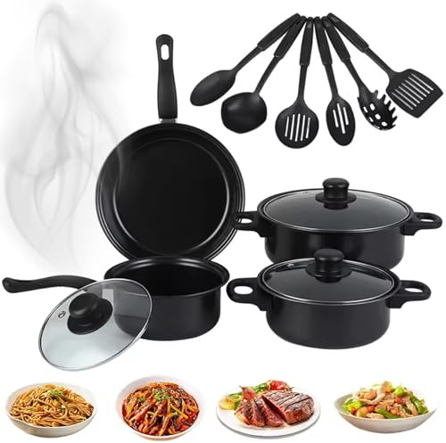 Juegos de ollas y sartenes antiadherentes Juego de utensilios de cocina de 13 piezas con sartenes, cacerola, tapa, cuchara, espátula y más