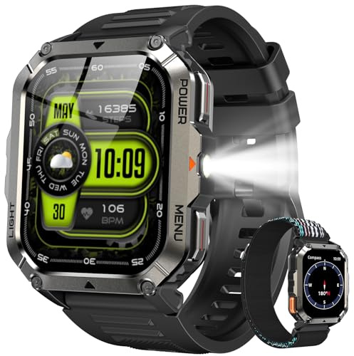 IOWODO Militär Smartwatch Herren,100 Tage Akku, LED Taschenlampe, Bluetooth-Anrufe, Kompass, 100+ Sportmodi, Herzfrequenz- & SPO₂-Monitor, IP68 Wasserdicht, Schlafüberwachung